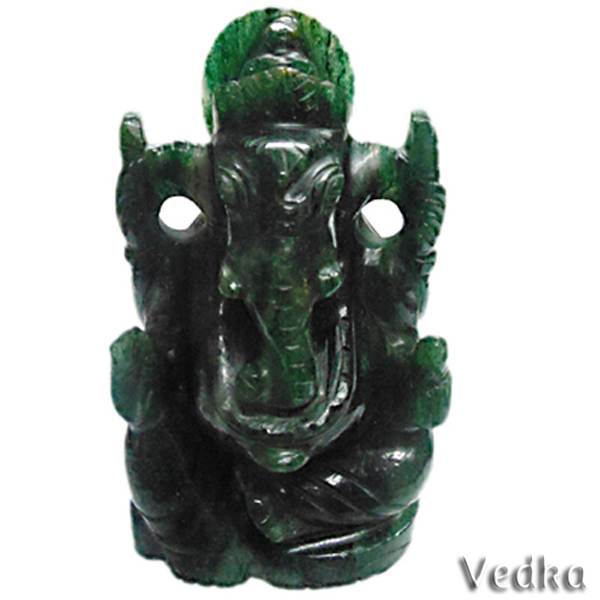 Beautiful Antique Style Seated Dark Green Aventurine Gemstone Ganesh Statue