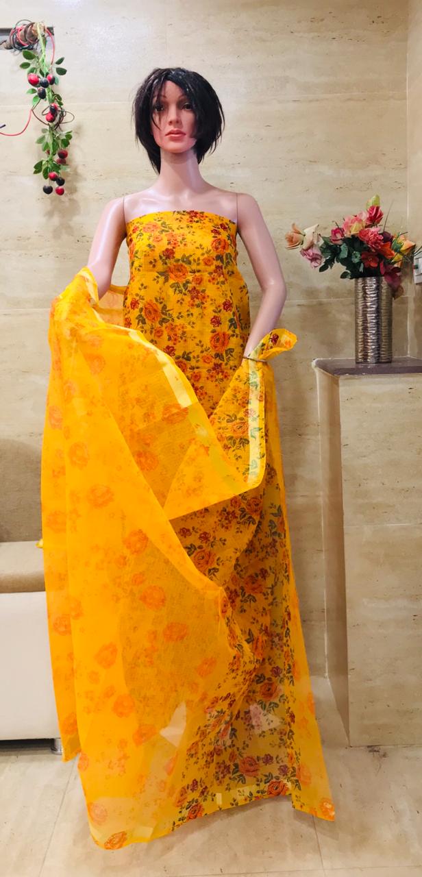 Kota Doriya Flower Printed Suits (Yellow Color)