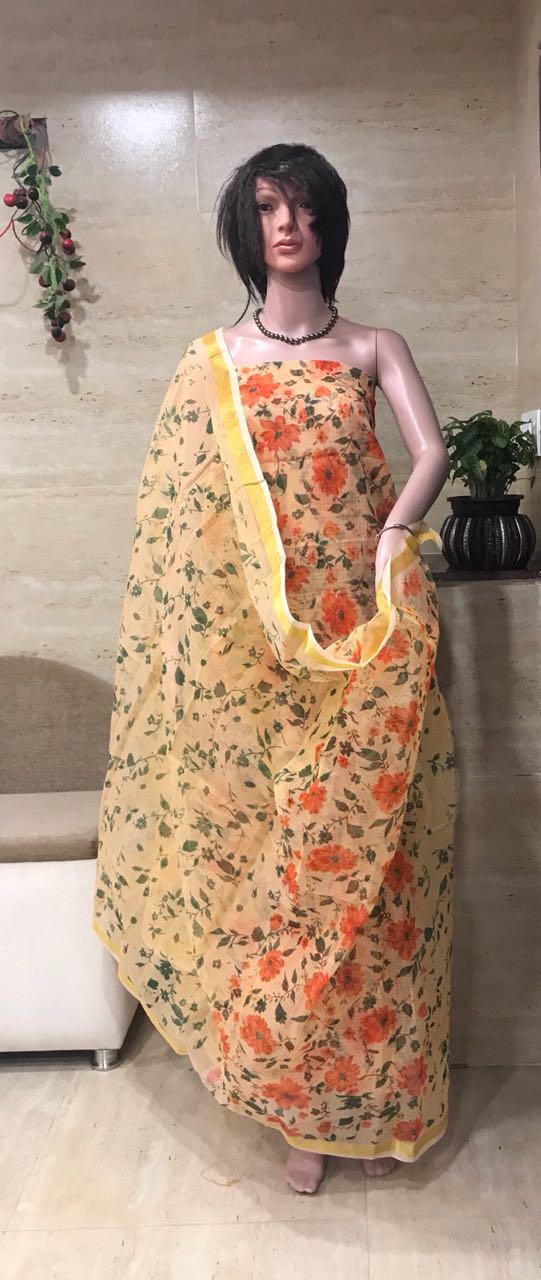 Kota Doriya Orange Flower Printed Suits (Light Yellow Color)