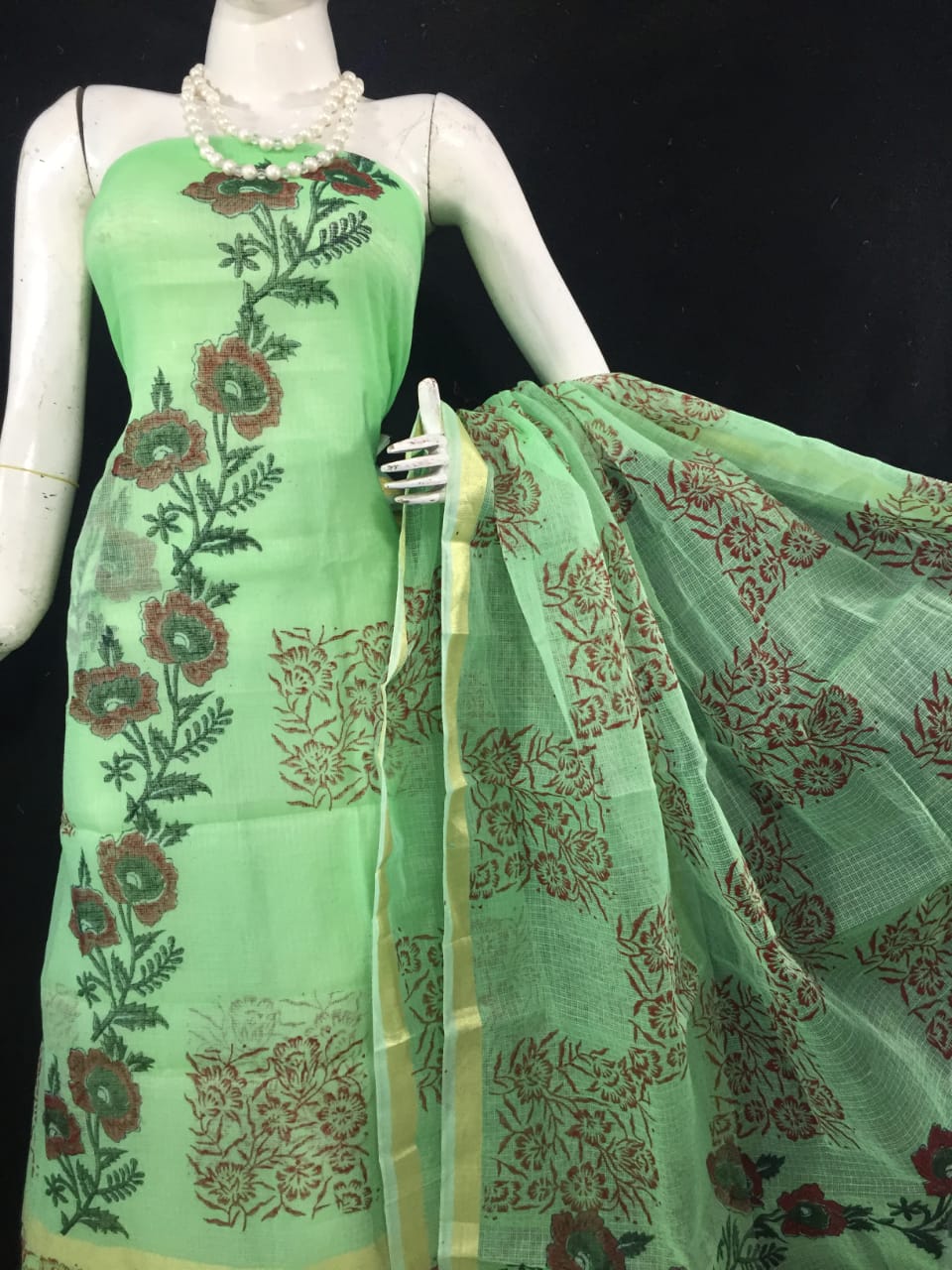 Kota Doriya Flower Printed Suits Material (Light Green Color)