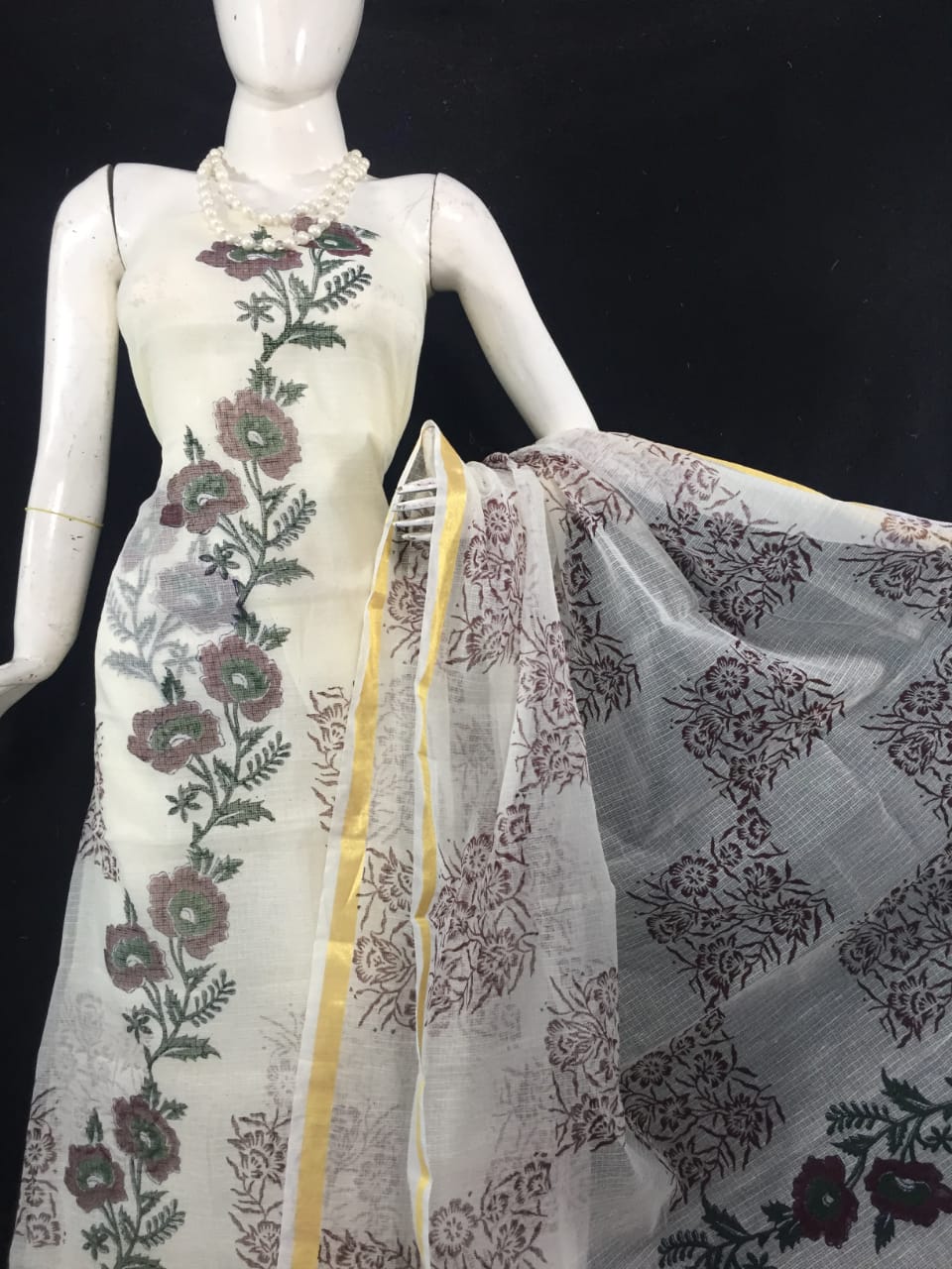 Kota Doriya Flower Printed Suits Material White Color