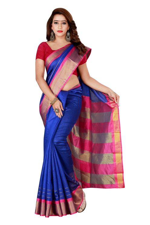 Striped Cotton Silk Saree (Blue and Dark Pink Color)