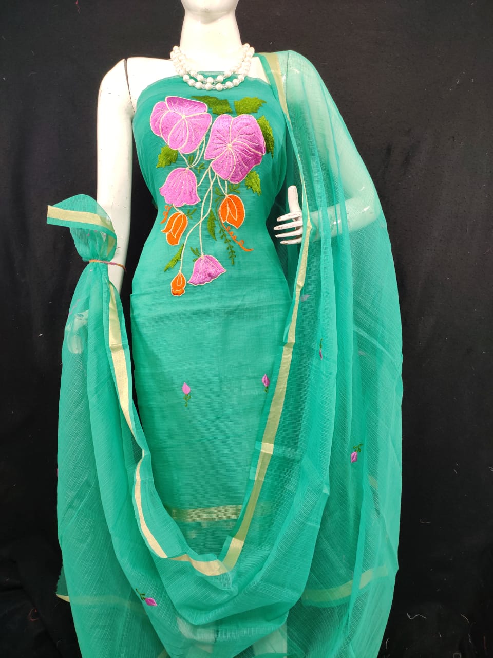 Kota Doriya Flower Embroidery Suits Material (Green Color)