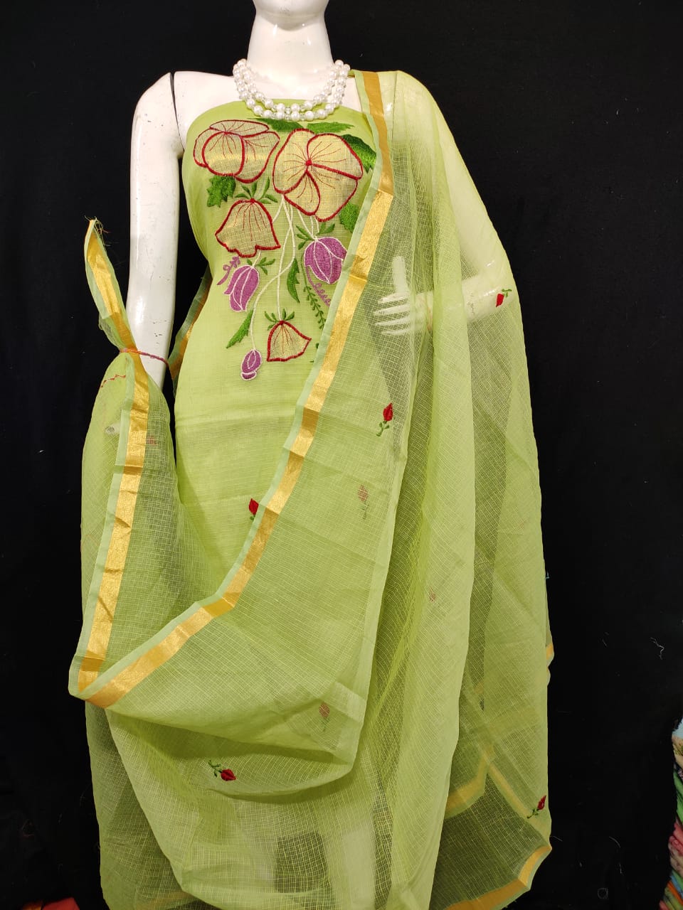 Kota Doriya Flower Embroidery Suits Material (Pista Color)