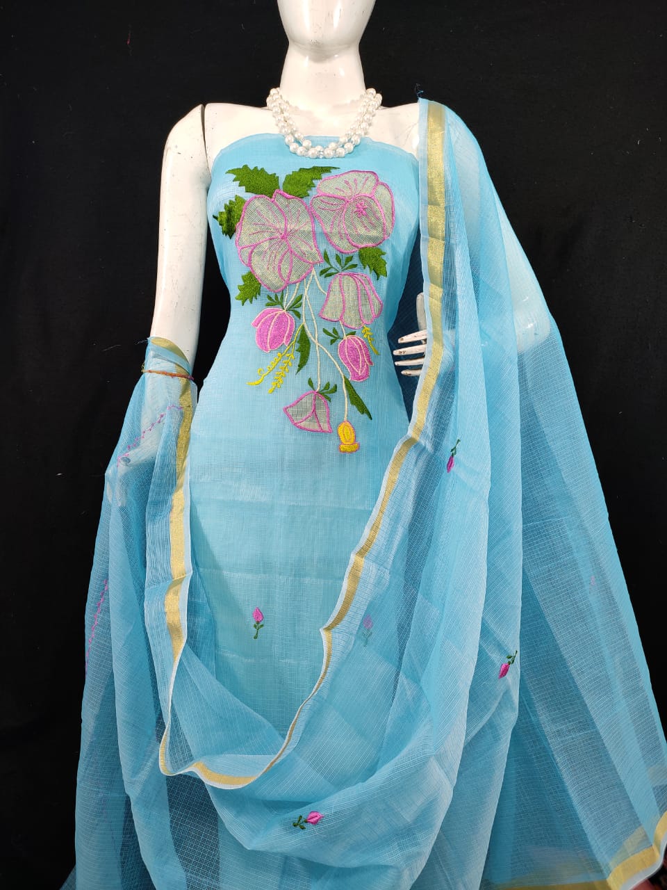 Kota Doriya Flower Embroidery Suits Material (Sky Blue Color)