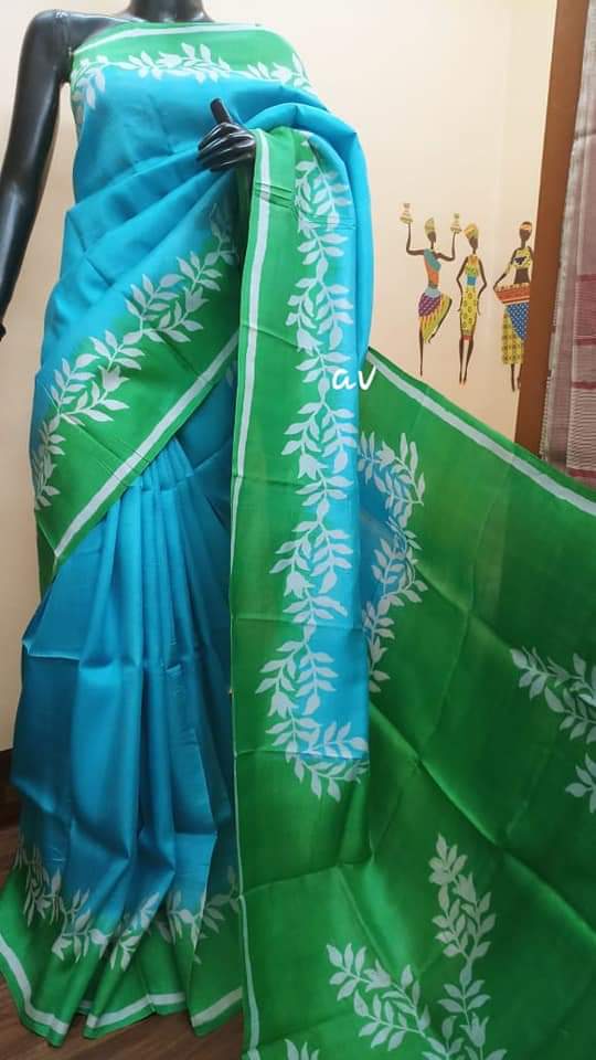 Pure Tusser Saree With Attached Blouse Piece (Sky Blue and Green Color)