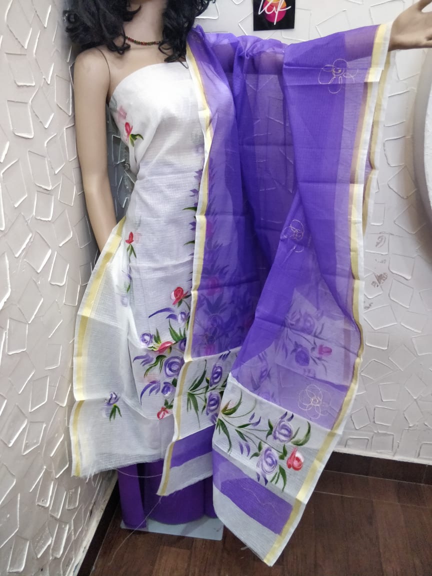 Kota Doriya Brush Print with Dye Combo Suits White and Violet Color