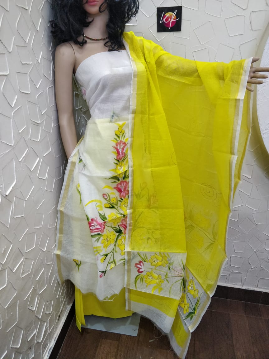 Kota Doriya Brush Print with Dye Combo Suits White and Yellow Color