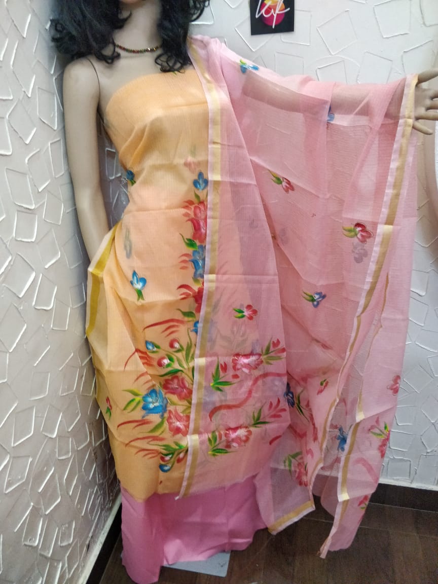 Kota Doriya Brush Print with Dye Combo Suits Light Orange and Light Pink Color