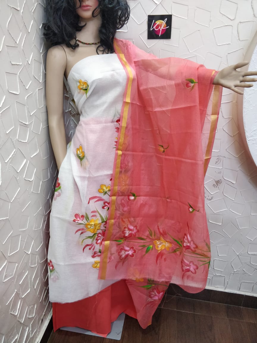 Kota Doriya Brush Print with Dye Combo Suits White and Pink Color