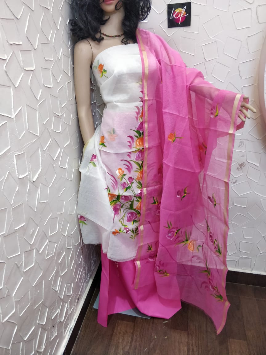 Kota Doriya Brush Print with Dye Combo Suits Dark Pink and White Color