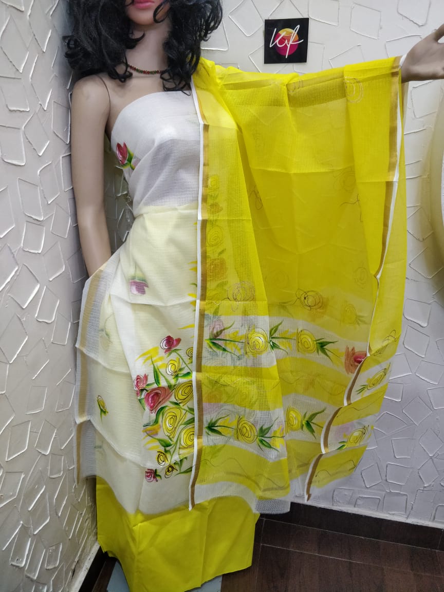 Kota Doriya Brush Print with Dye Combo Suits Yellow and White Color