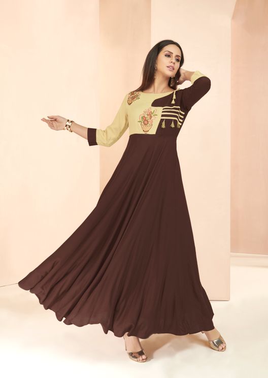 Rayon Embroiders Fancy Pattern Kurti Round Neck Brown Color