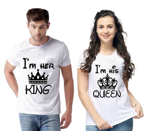 Printed King-Queen Men And Women Round Neck T-Shirt (Pack Of 2)