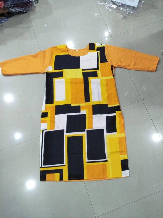 Crepe Fabric Digital Printed Round Neck Casual Kurti (Black-Yellow-White Color Combination) 