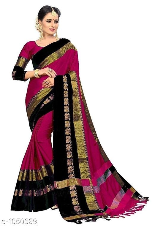 Fancy Black and Rani Pink Cotton Silk Sarees