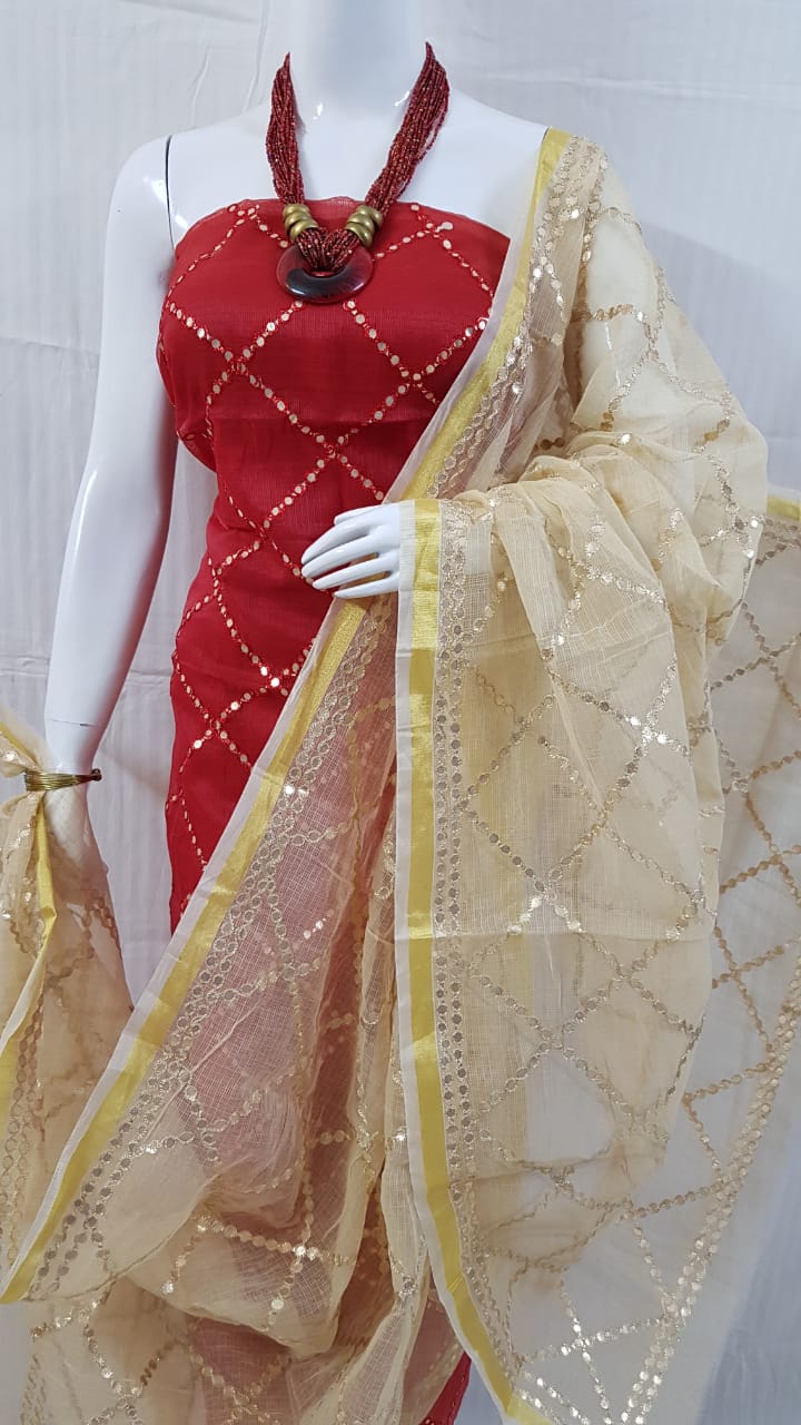 Kota Doriya Gotta Patti Suits Red Top and Cream Dupatta 