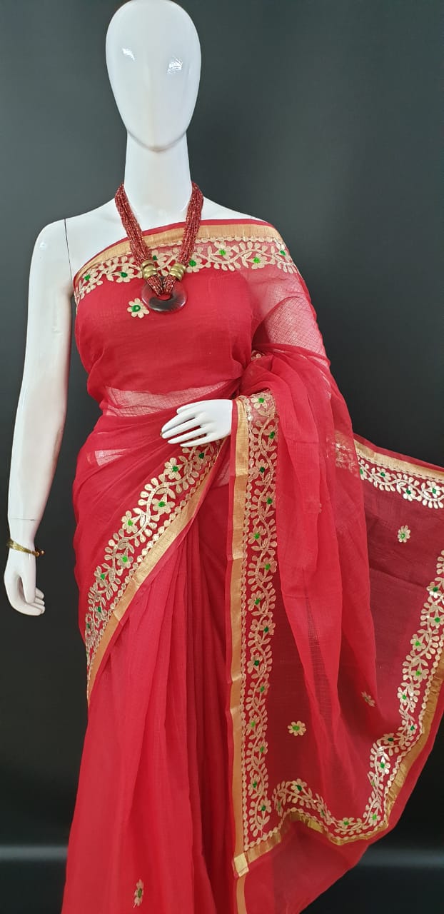 Kota Doriya Gota Patti Sarees Red Color With Blouse 