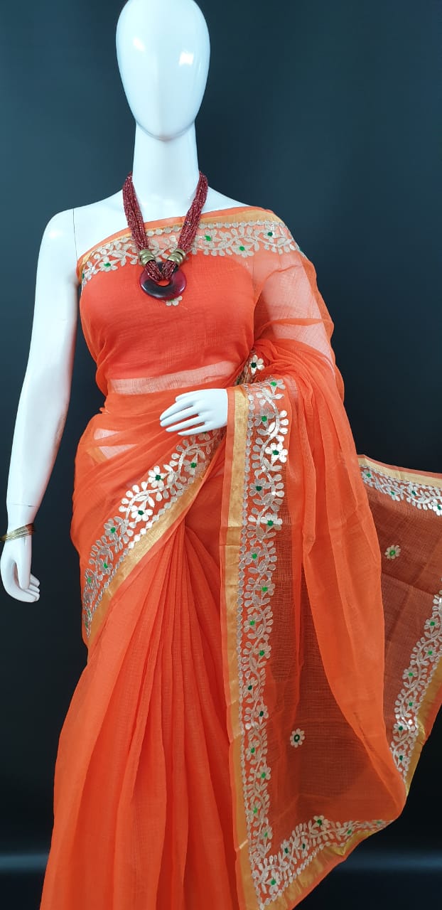 Kota Doriya Gota Patti Sarees Orange Color With Blouse