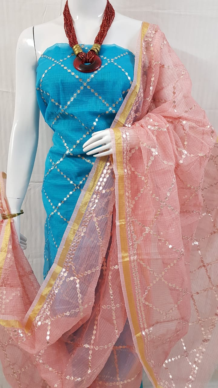 Kota Doriya Gotta Patti Suits SKy Blue Top and Light Pink Dupatta