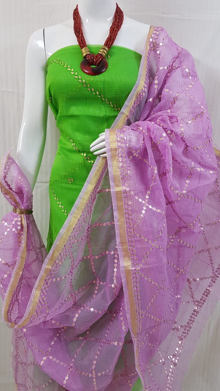 Kota Doriya Gotta Patti Suits Green Top and Violet Dupatta