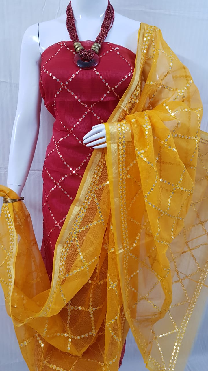 yellow suit with red dupatta