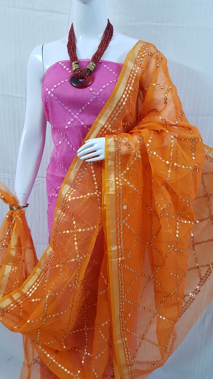 Kota Doriya Gotta Patti Suits Pink Top and Orange Dupatta