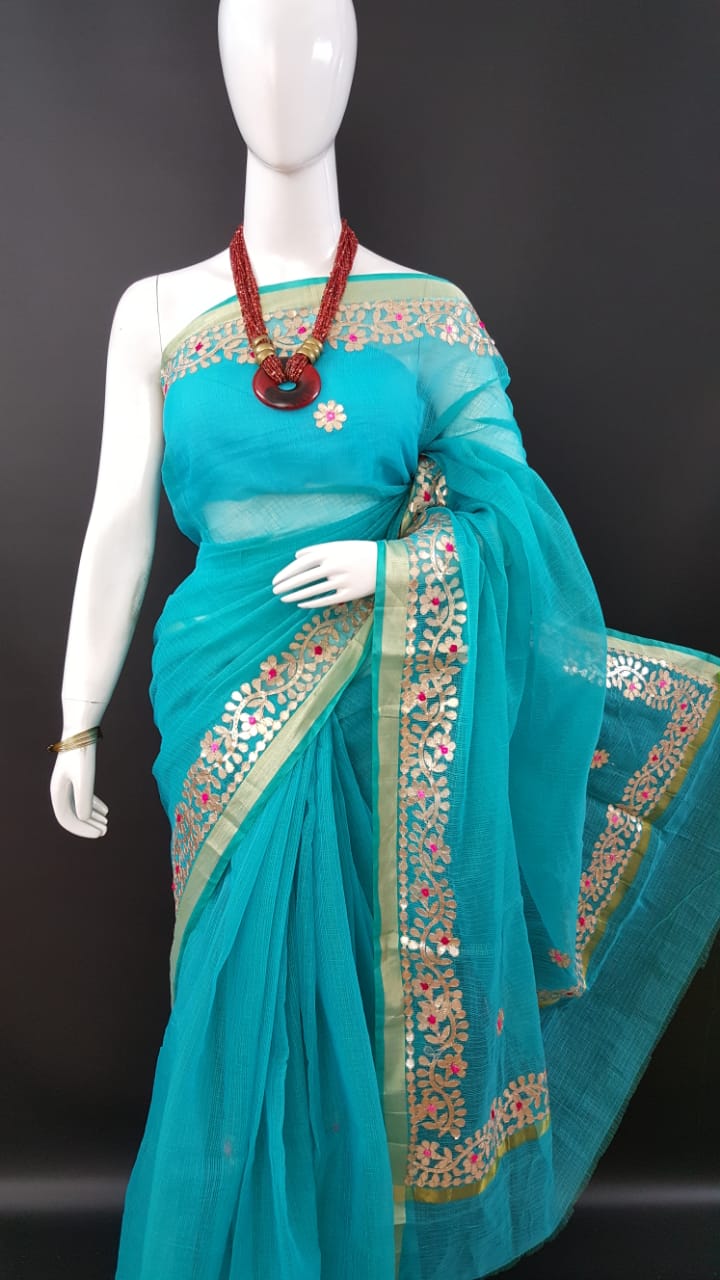  Kota Doriya Gota Patti Sarees SKY Blue Color With Blouse