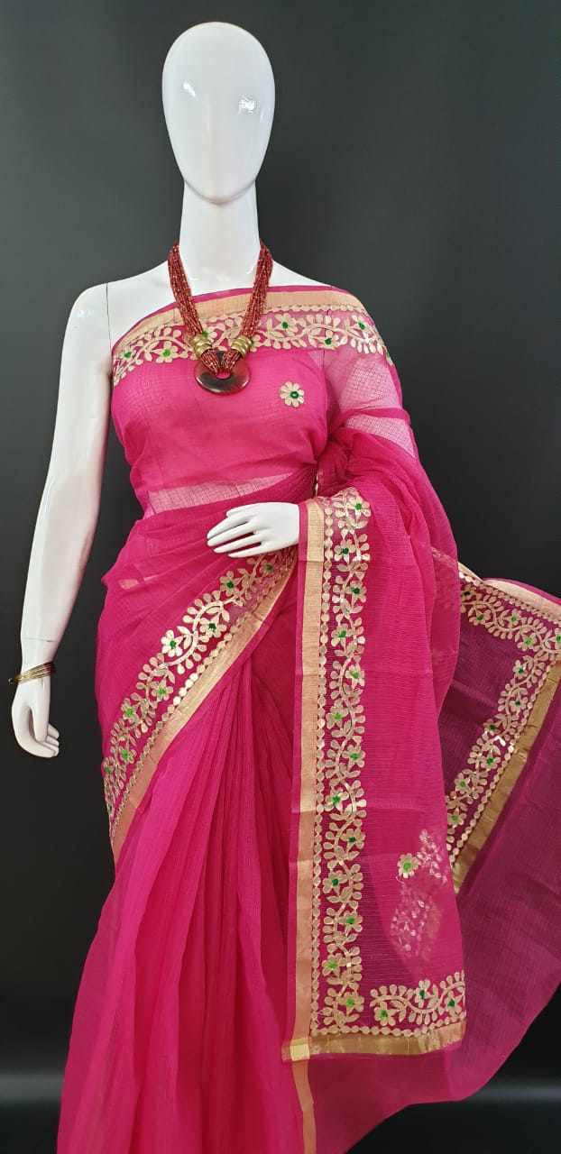  Kota Doriya Gota Patti Sarees Rani Pink Color With Blouse