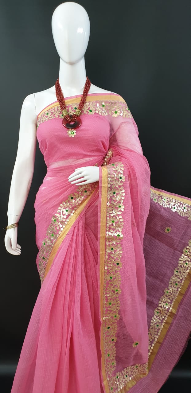 Kota Doriya Gota Patti Sarees Dark Pink Color With Blouse