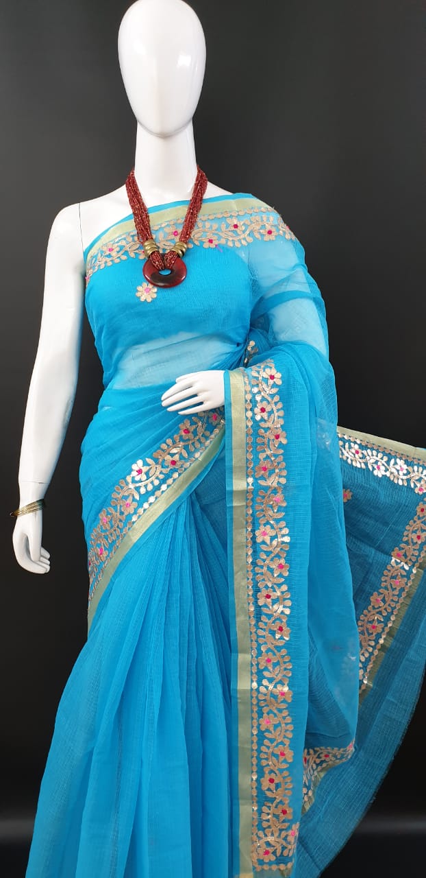 Kota Doriya Gota Patti Sarees Light Blue Color With Blouse