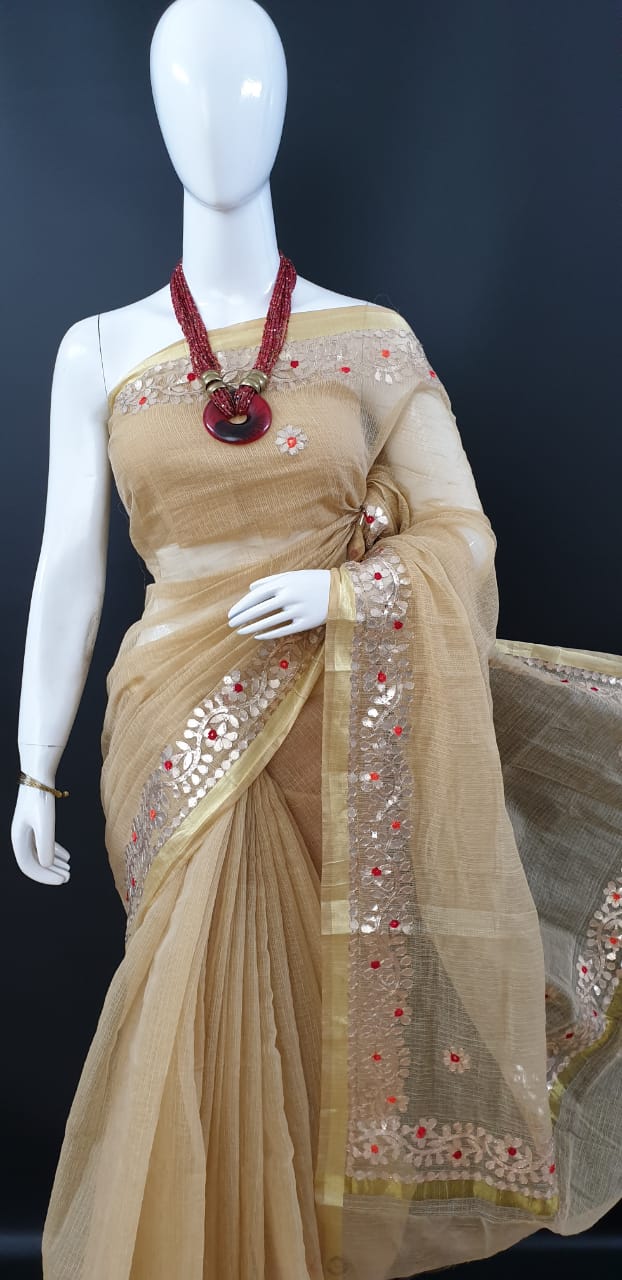 Kota Doriya Gota Patti Sarees Dark Cream Color With Blouse