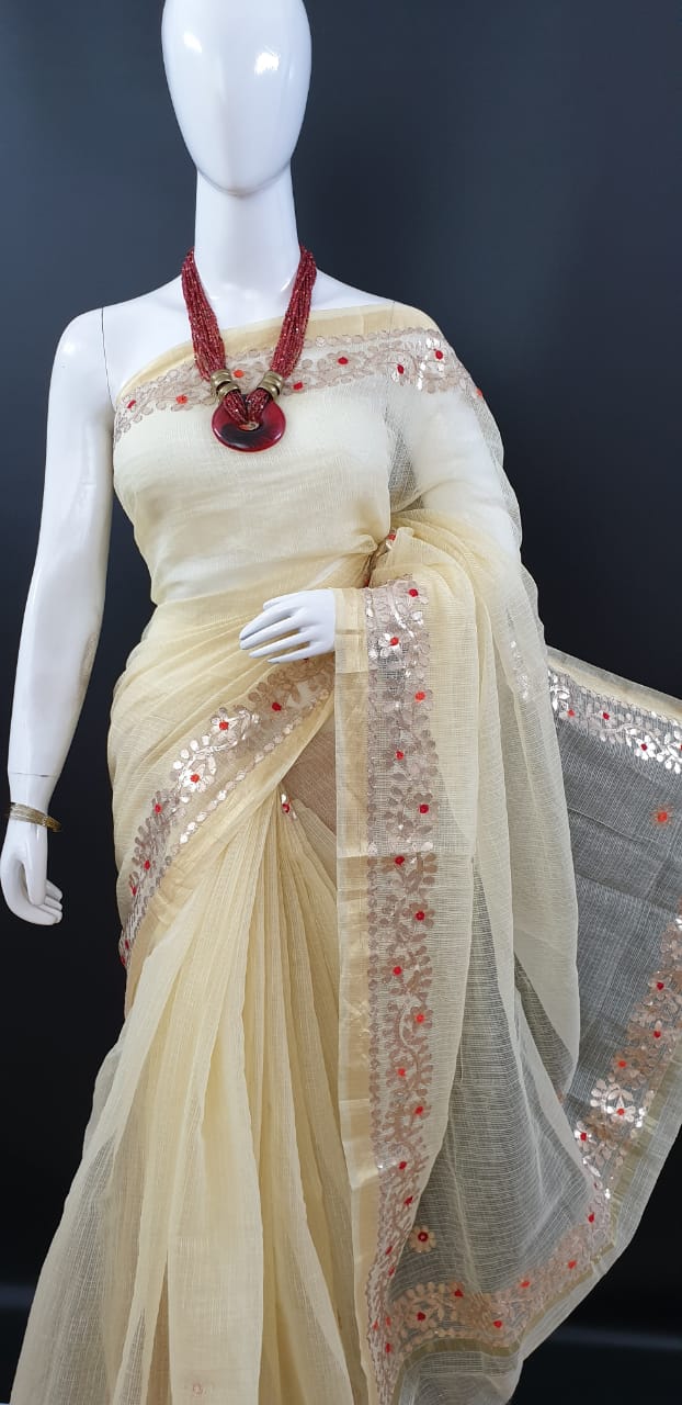 Kota Doriya Gota Patti Sarees Light Cream Color With Blouse