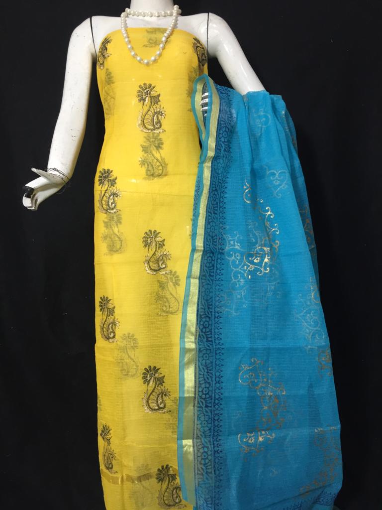 Kota Doriya Golden Print Yellow Color Suits and Blue Color Dupatta