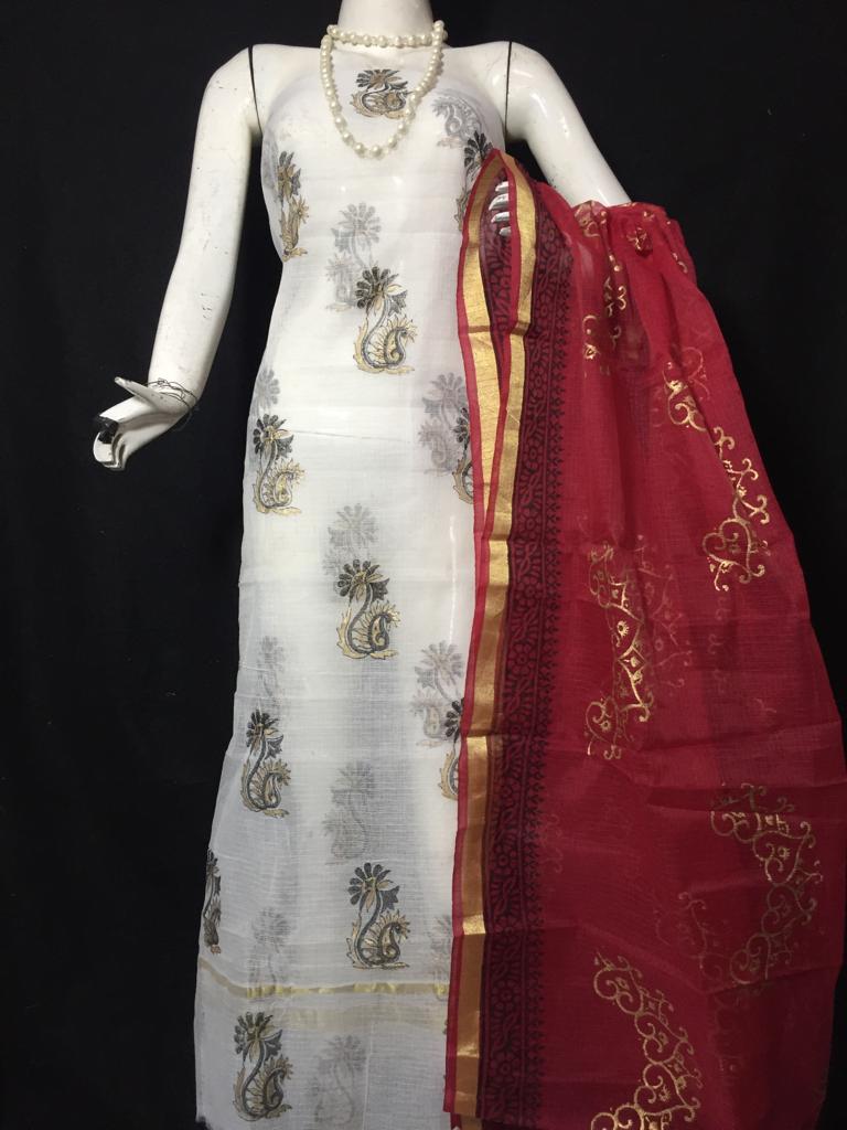 Kota Doriya Golden Print White Color Suits and Maroon Color Dupatta