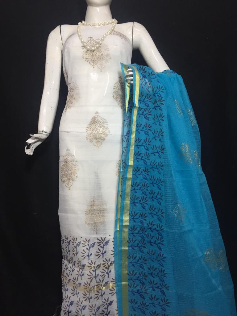 Kota Doriya Golden Print White Color Suits and Blue Color Dupatta