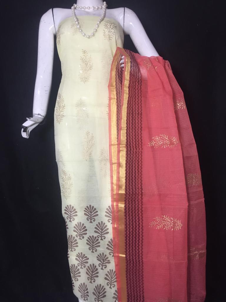 Kota Doriya Golden Print Off White Color Suits and Blue Color Dupatta