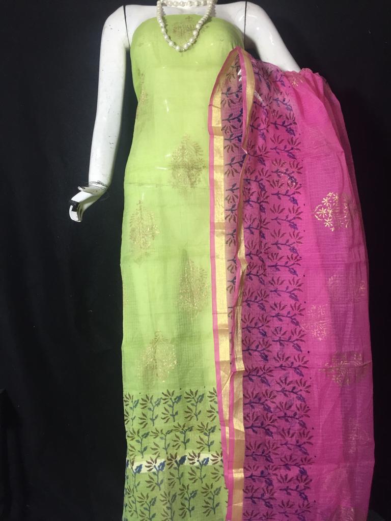 Kota Doriya Golden Pista Green Color Suits and Rani Pink Color Dupatta