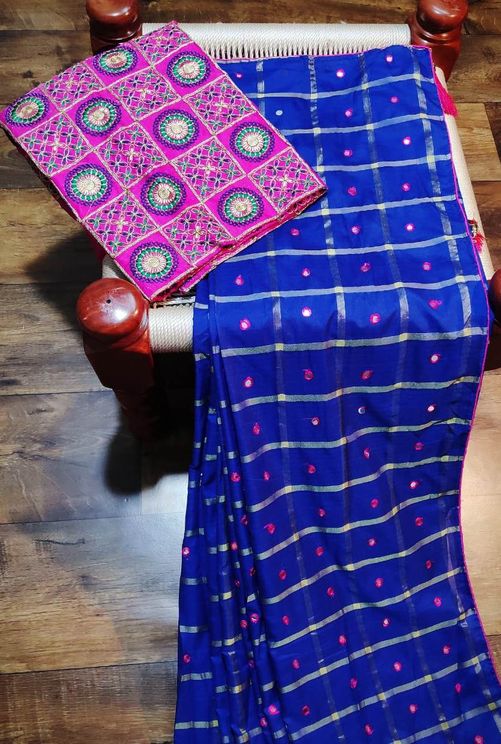 Embroidered Mirror Work Sana Silk Saree With Bangalori Satin Blouse Piece