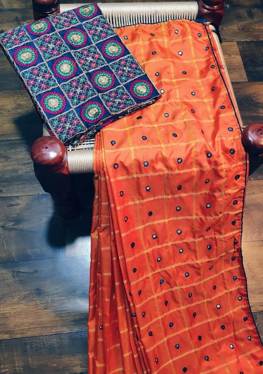 Embroidered Mirror Work Sana Silk Saree With Bangalori Satin Blouse Piece