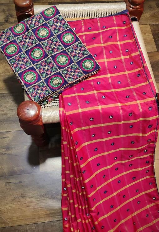 Embroidered Mirror Work Sana Silk Saree With Bangalori Satin Blouse Piece