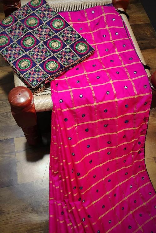 Embroidered Mirror Work Sana Silk Saree With Bangalori Satin Blouse Piece