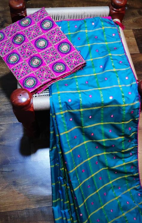 Embroidered Mirror Work Sana Silk Saree With Bangalori Satin Blouse Piece