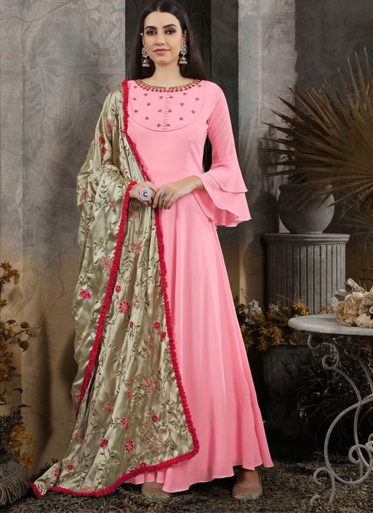 Designer Cotton Muslin Handwork Salwar Pink Suit With Heavy Japan Silk Dupatta