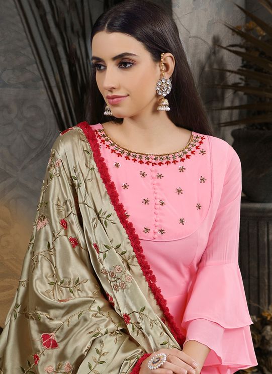 Designer Cotton Muslin Handwork Salwar Pink Suit With Heavy Japan Silk Dupatta