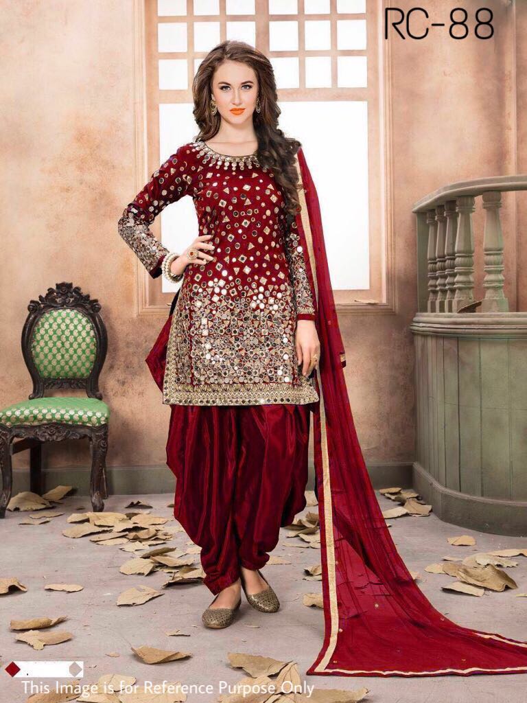 Patiyala Real Mirror Work Taffeta Silk Top With Bottom and Dupatta