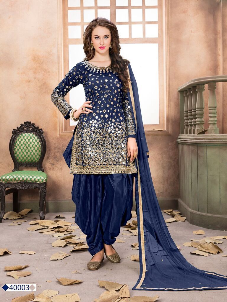 Patiyala Real Mirror Work Taffeta Silk Top With Bottom and Dupatta