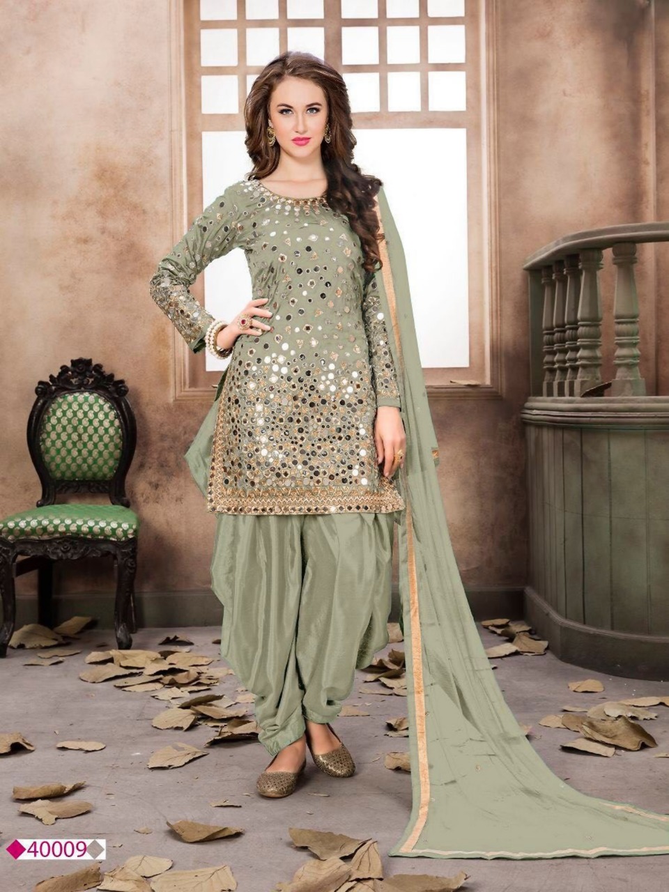 Patiyala Real Mirror Work Taffeta Silk Top With Bottom and Dupatta